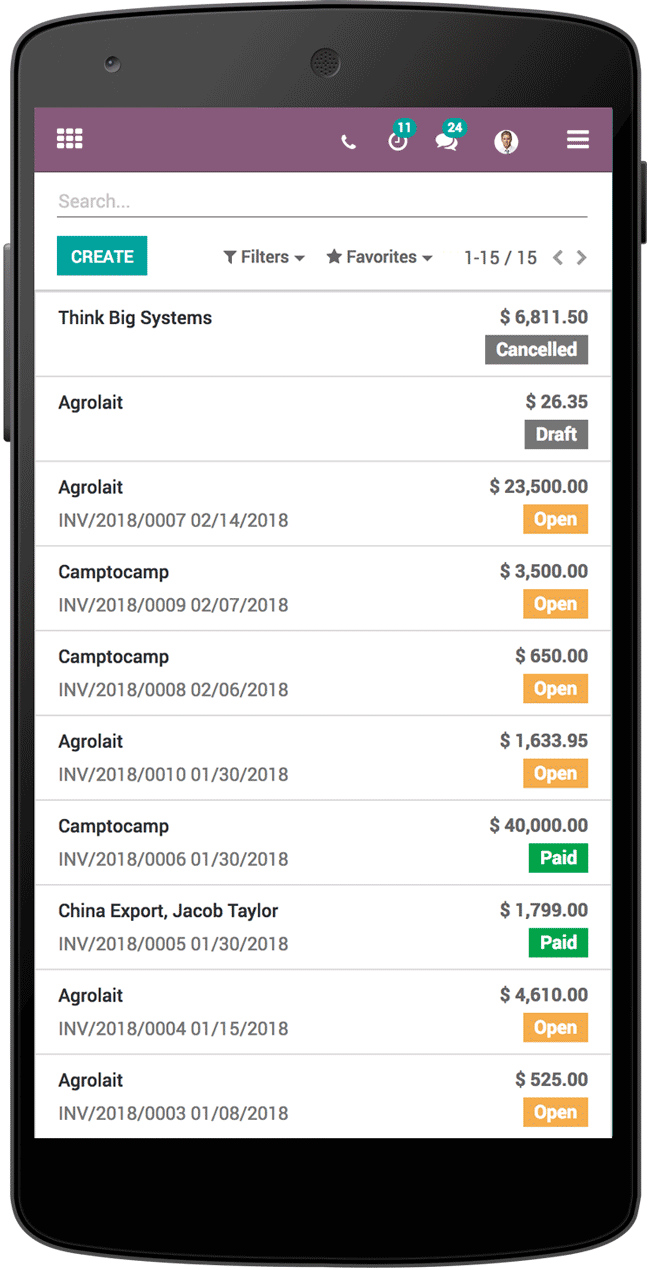 Mobile interface of Odoo Accounting