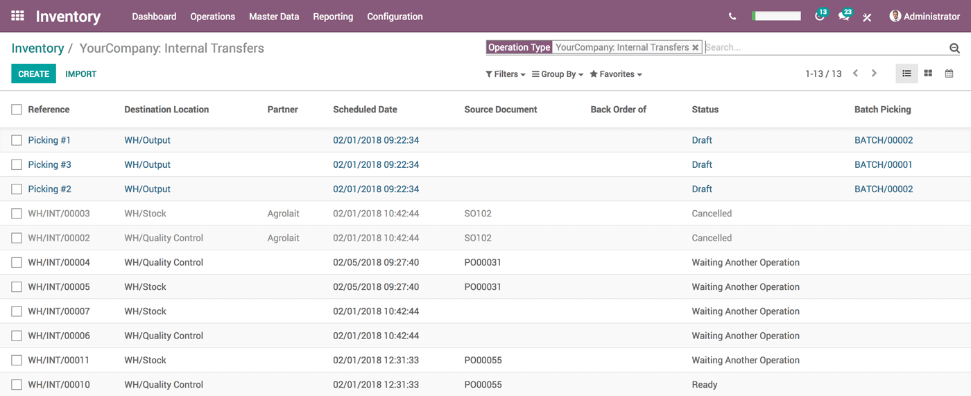 Odoo Inventory interface of internal transfers