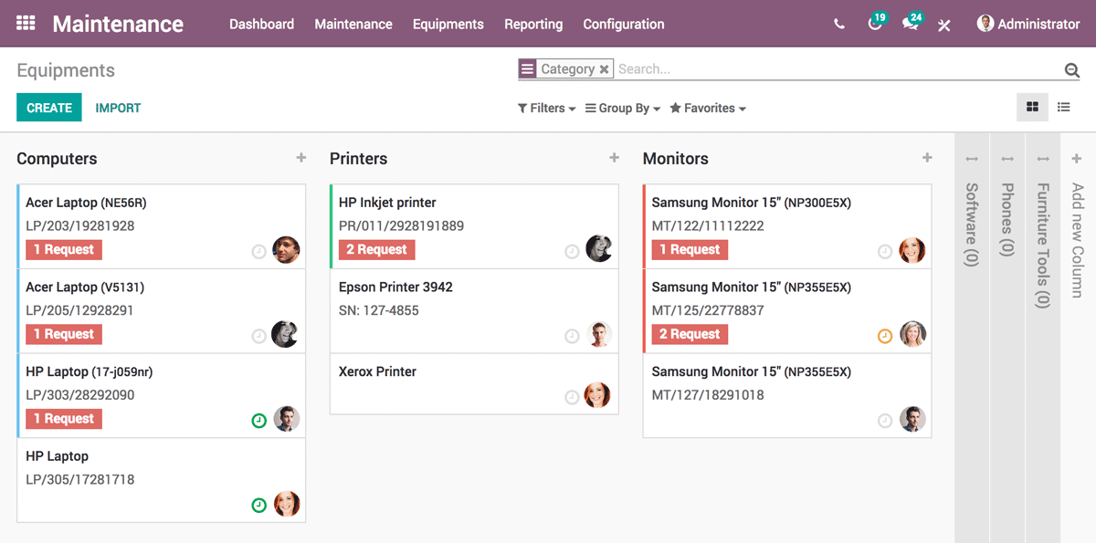 Odoo Maintenance interface showing equipment