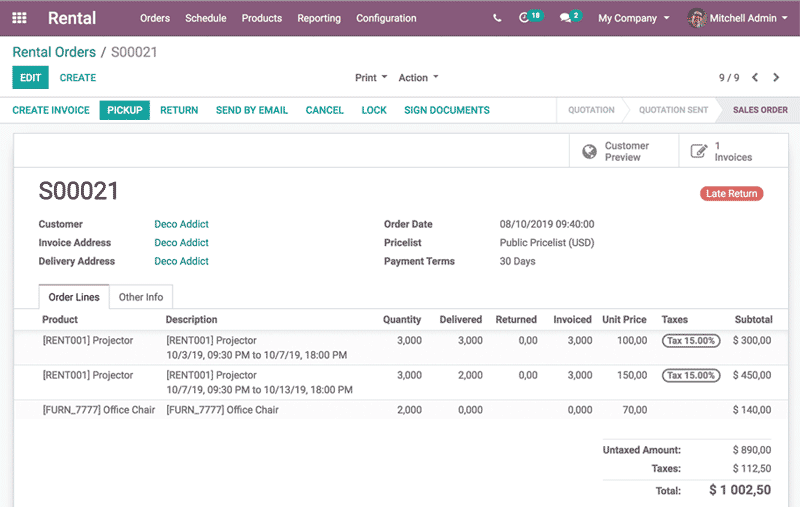 A desktop showing af rental order in Odoo Rentals