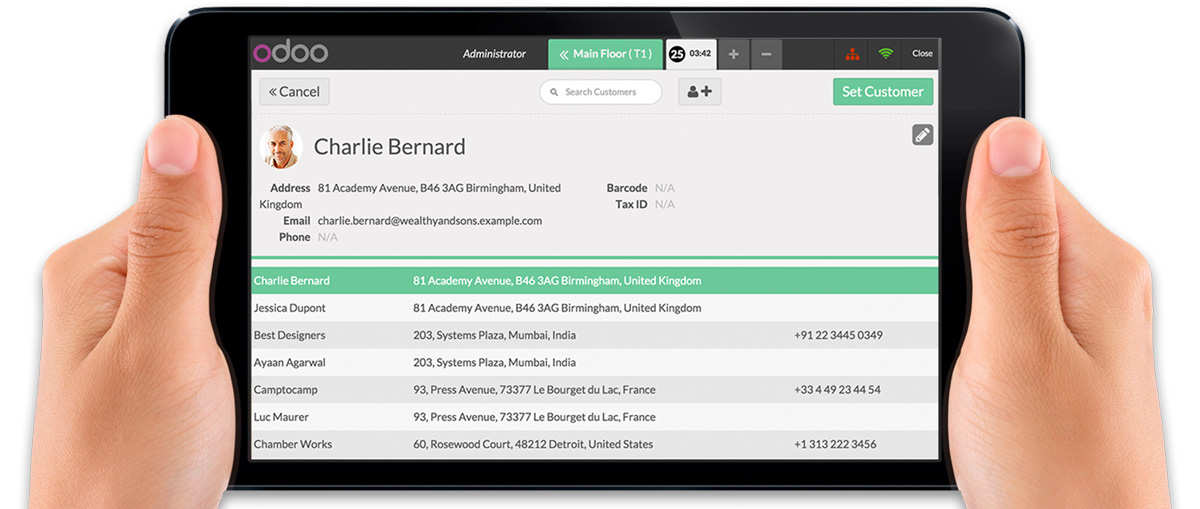 Tablet showing the list of registered customers in Odoo Point of Sale