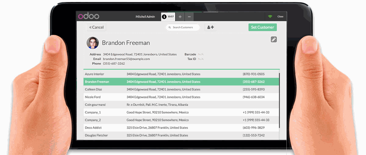 Odoo Point of Sale interface showing a list of registered customers