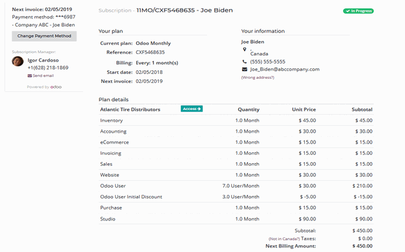 A client's portal view of their subscription