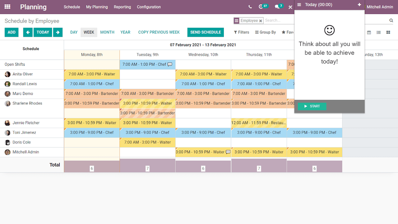 Odoo Planning gantt interface with a popup reminder to start recording timesheets